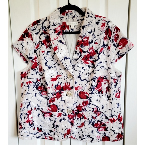 Coldwater Creek Jackets & Blazers - Coldwater Creek 18 Khaki Burlap Floral‎ Button Up Jacket Pockets Red Floral NEW